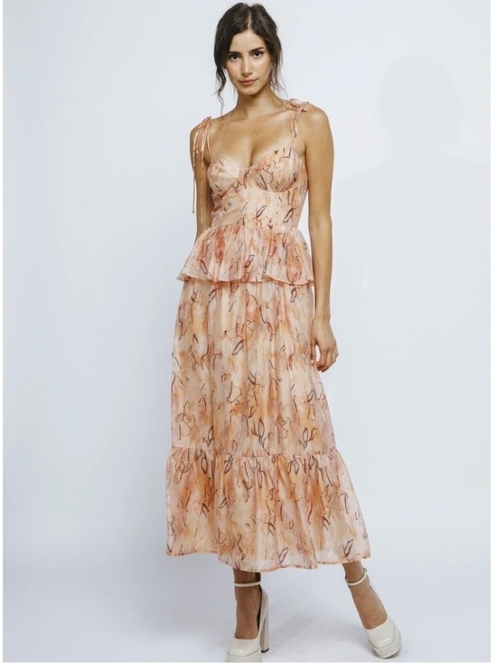 Peach Floral Tiered Midi Dress with Tie Straps